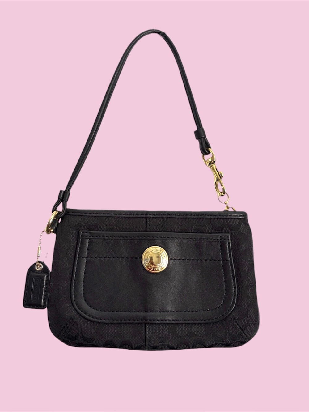 Coach Black Signature Wristlet with Gold Hardware